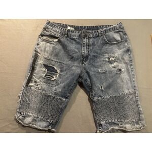 Encrypted NYC Mens Y2K 40 Distressed Shorts Moto Biker Ribbed Jorts Zip